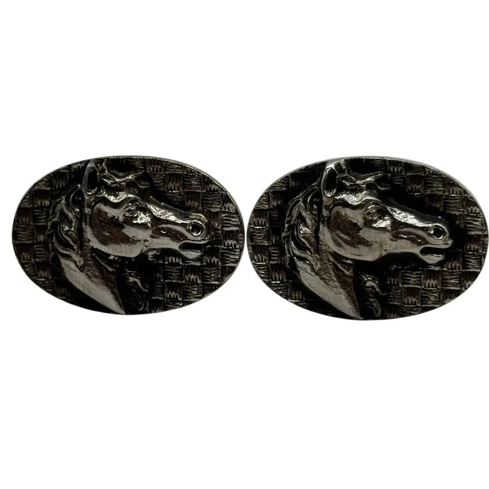 Horse‎ Mustang Cufflinks Vintage Silver Tone Oval Bullet Back Textured Stallion